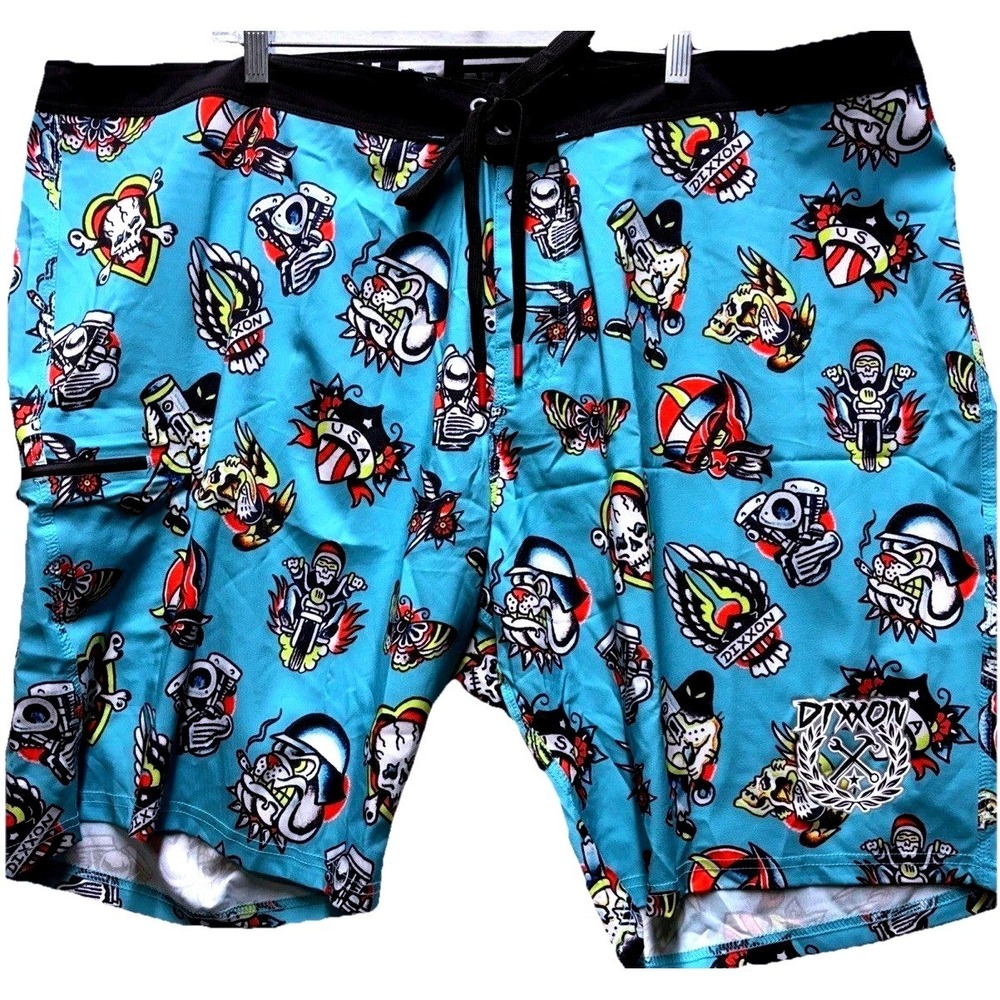 Dixxon Reaper Madness Teal Blue Tattoo Print Board Shorts Men's 46 Biker Skulls